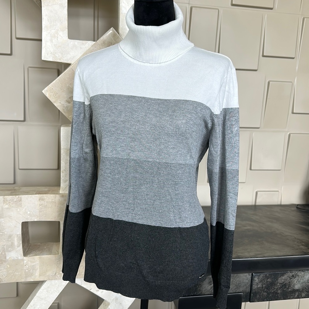 Calvin Klein sweater turtleneck top white gray black stripe Size Large